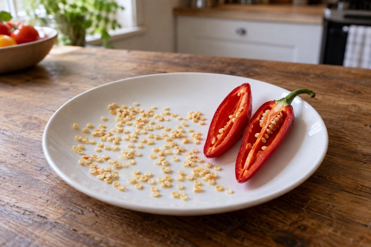 Chilli seeds drying on a plate beside a halved red chilli