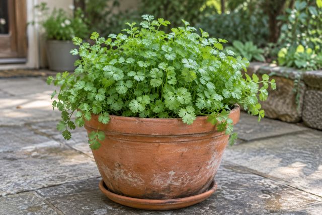 Coriander growing in a wide pot on a patio