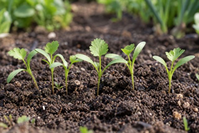 Coriander seedlings with their first long seed leaves