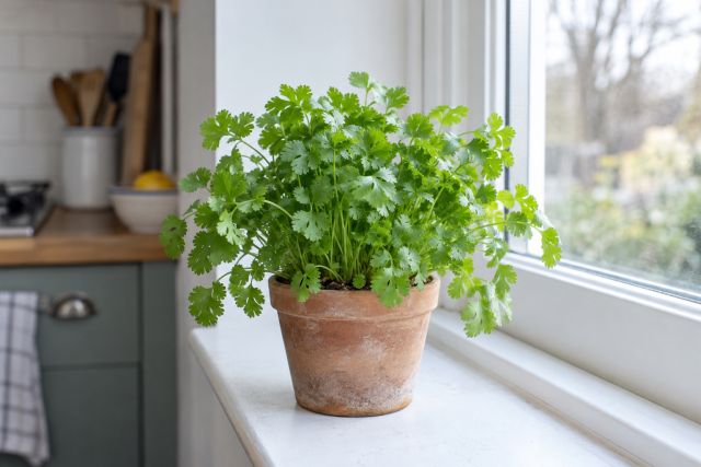 A pot of coriander on a bright kitchen windowsill