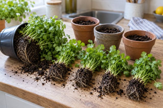 A crowded supermarket coriander pot divided into clumps