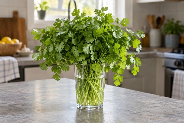 A bunch of coriander standing in a glass of water