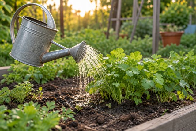 Watering coriander at the base in the evening