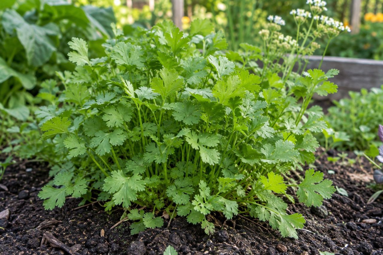 Cilantro (coriander) growing in a garden