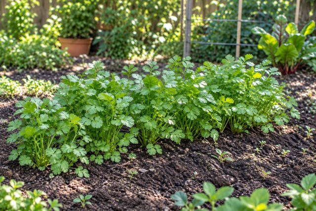 A bushy row of coriander in partial shade