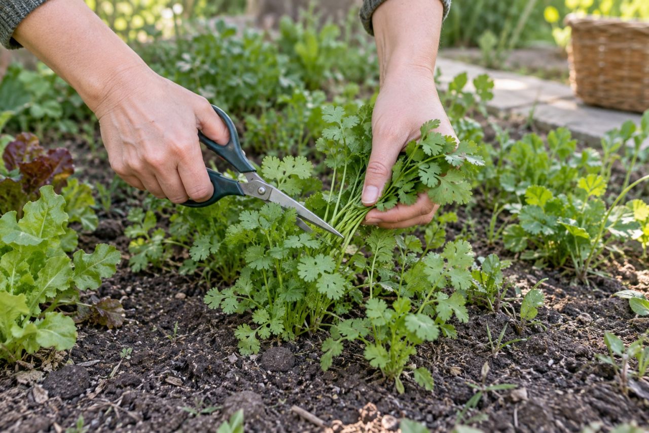 Scissors cutting a handful of coriander leaves