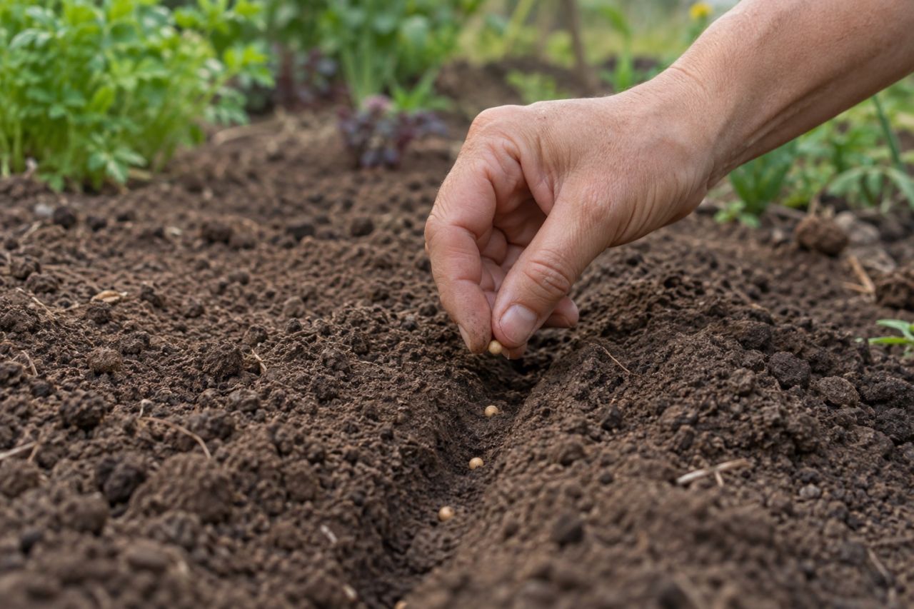 Coriander seeds being sown into a shallow drill