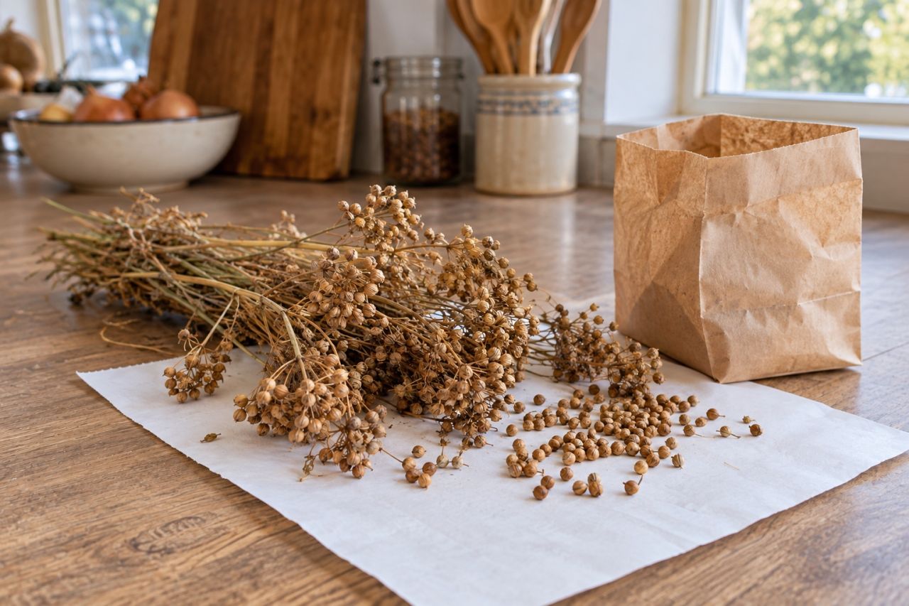 Dry coriander seed heads with round brown seeds