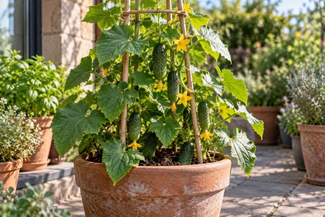 A cucumber growing in a large pot on a patio