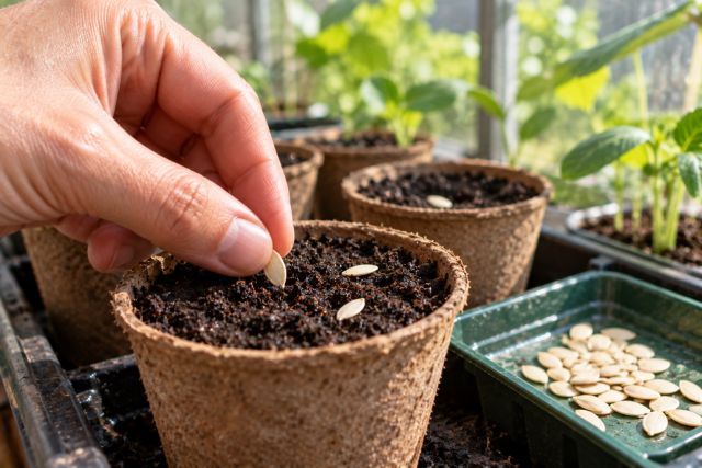 A cucumber seed pushed on its side into a pot of compost