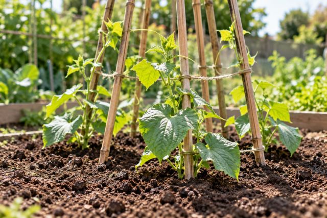 Cucumber plants on a cane wigwam outdoors