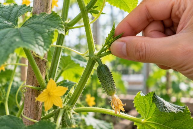 Pinching out a cucumber side shoot two leaves beyond a fruit