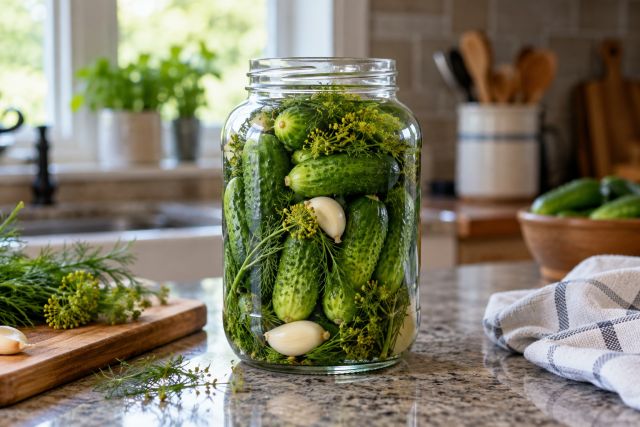 Small cucumbers packed into a jar for pickling
