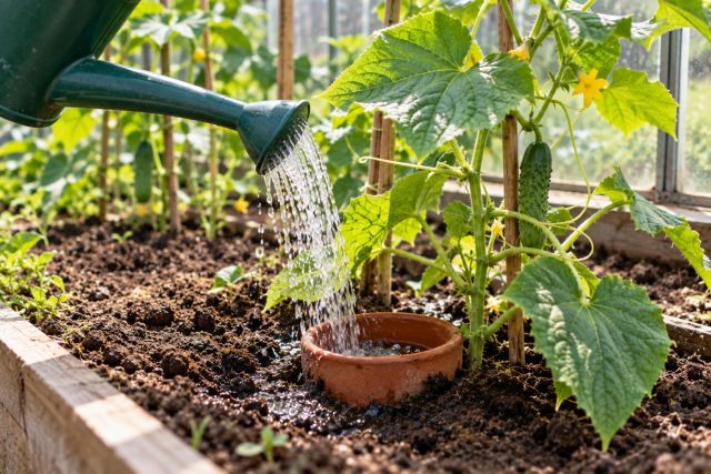 Watering into a pot sunk beside a cucumber plant