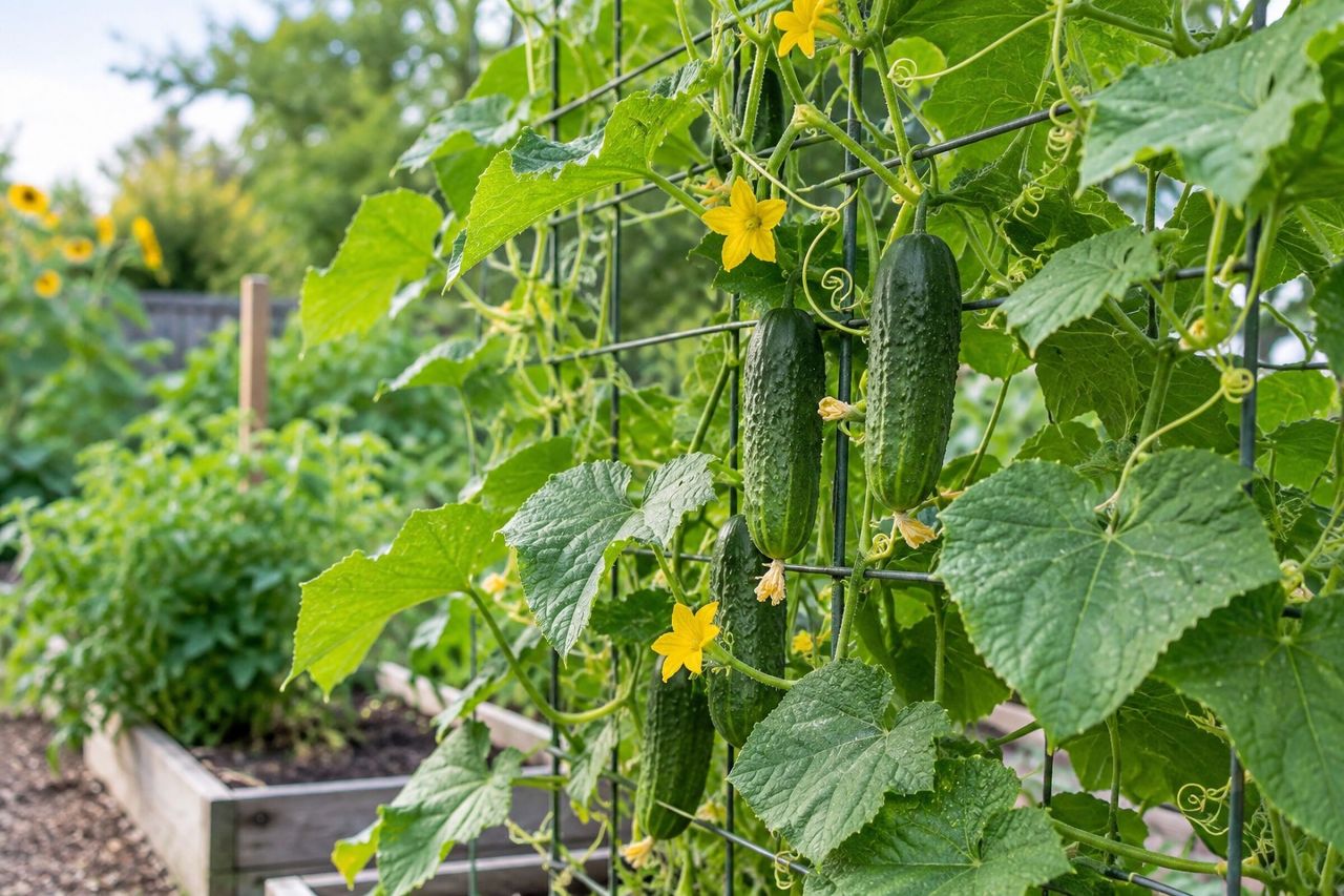 Cucumbers growing in a garden
