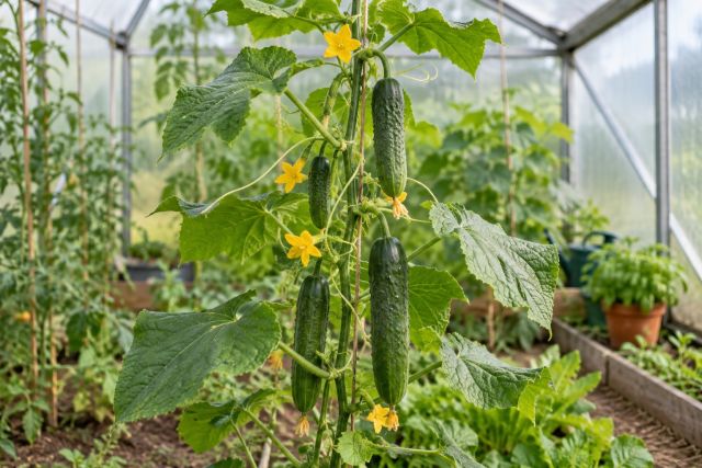 A cucumber vine climbing a string in a greenhouse