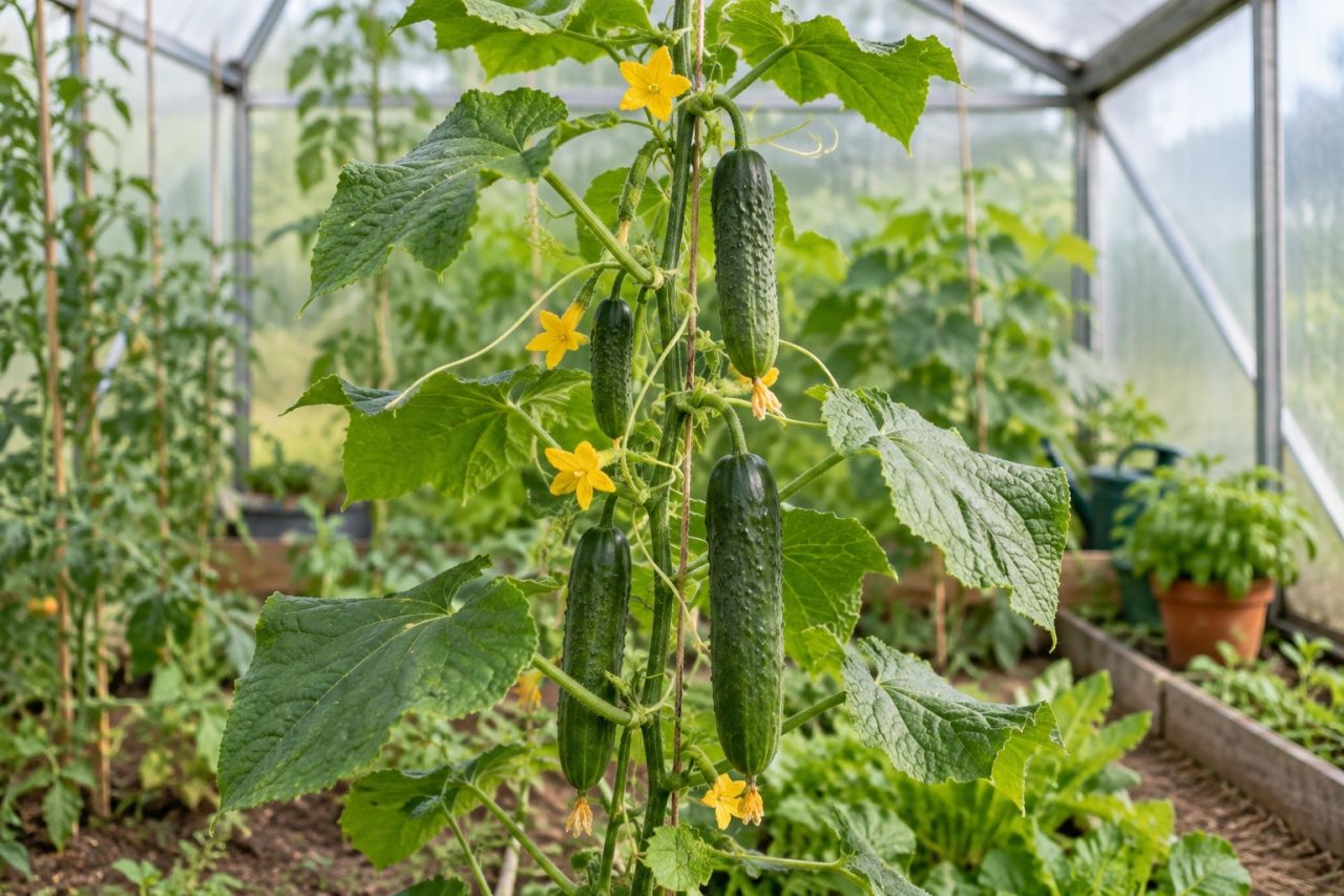A cucumber vine climbing a string in a greenhouse