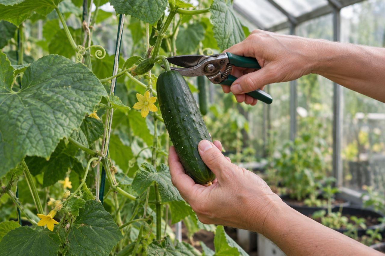 Cutting a cucumber from the vine with secateurs