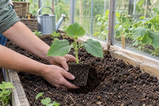 A young cucumber plant being planted into a greenhouse border