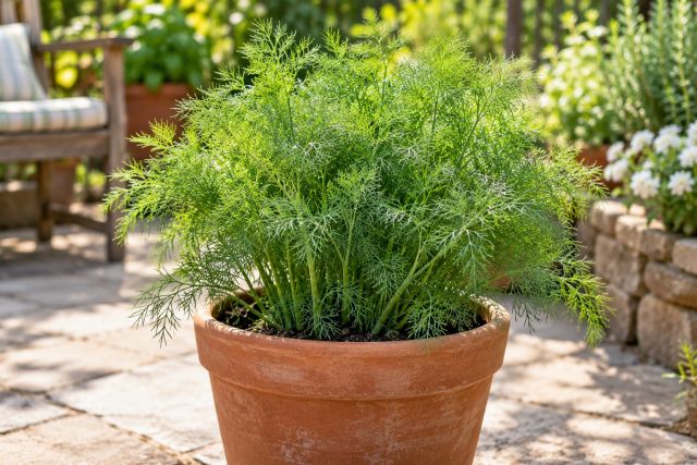 Compact dill growing in a deep pot on a patio