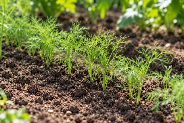 A row of dill seedlings with thread-like leaves
