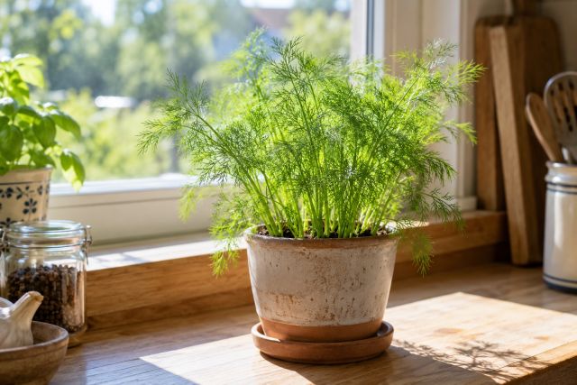 A pot of dill on a sunny windowsill