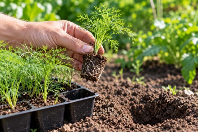 A young dill plant lifted from a module with its root intact