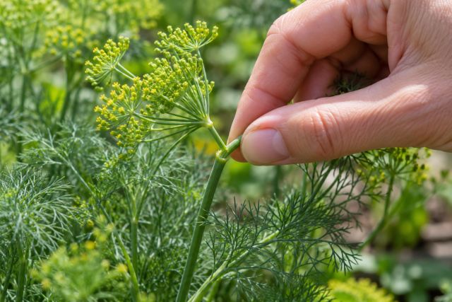 Cutting a flower stem off a dill plant