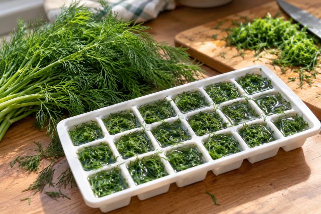 Chopped dill in an ice-cube tray with water