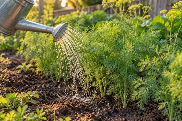 Watering dill at the base in dry weather