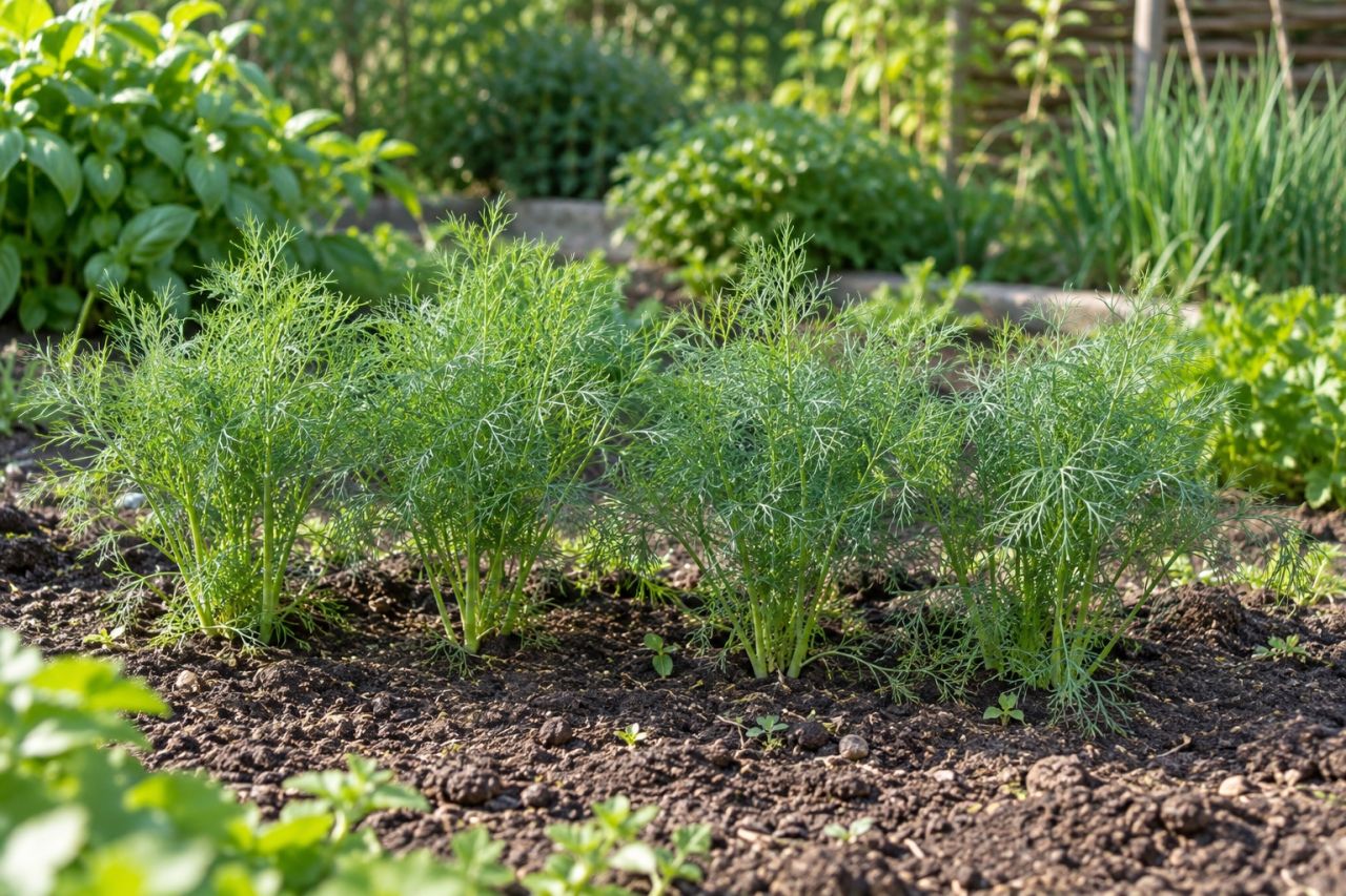 A row of feathery young dill plants in a sunny bed