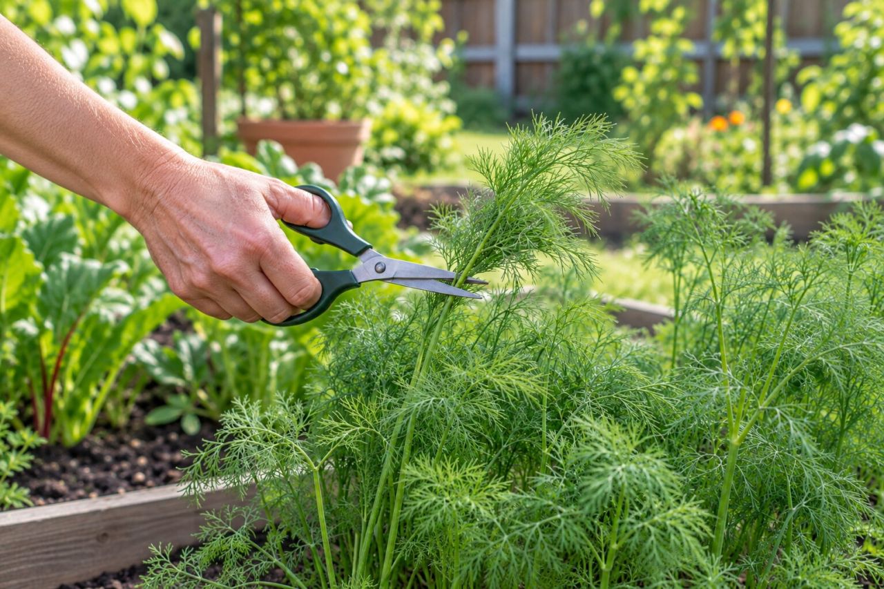 Snipping feathery dill leaves with scissors
