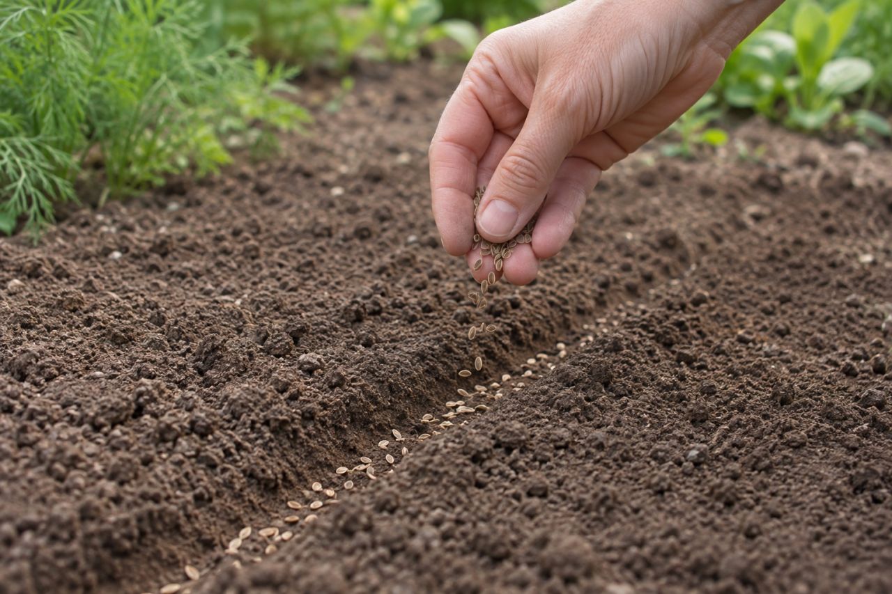Dill seeds being sown thinly along a shallow drill