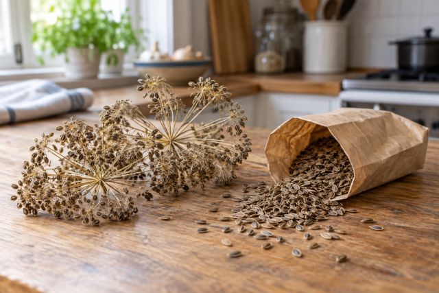 Dill seed heads drying in a paper bag, seeds spilling out