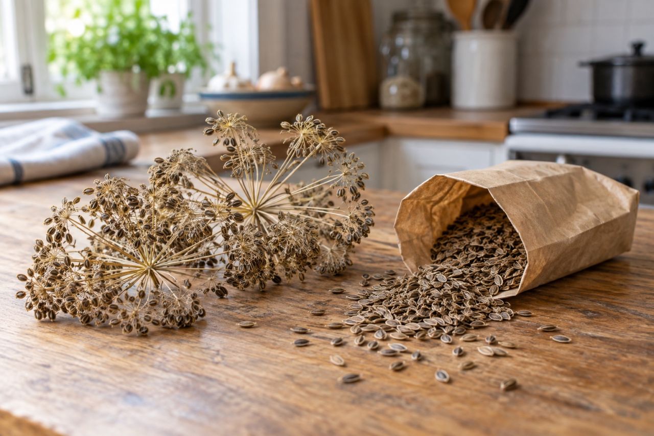 Dill seed heads drying in a paper bag, seeds spilling out