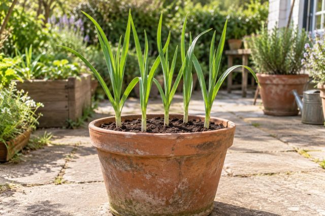 Garlic growing in a deep pot