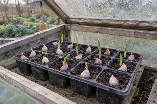 Garlic cloves started in a module tray