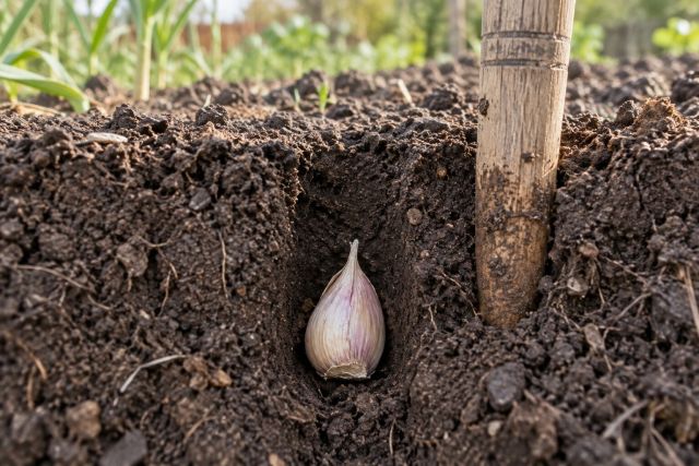 A garlic clove in a hole showing its planting depth