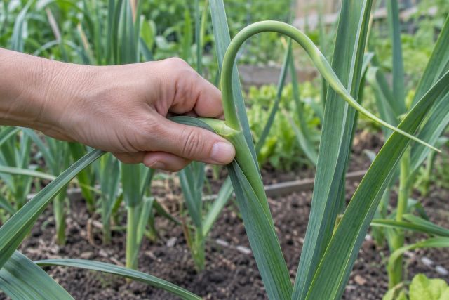 Snapping off a curly garlic scape