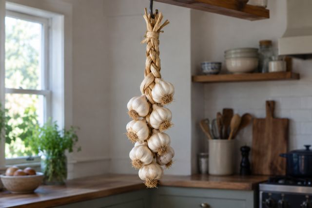 A plait of softneck garlic hanging in a kitchen