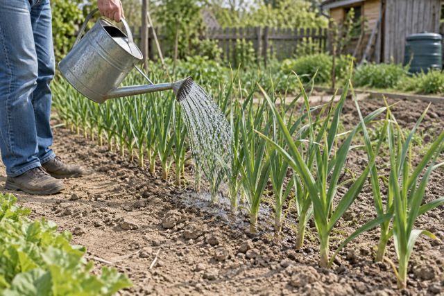 Watering a garlic row in a dry spring