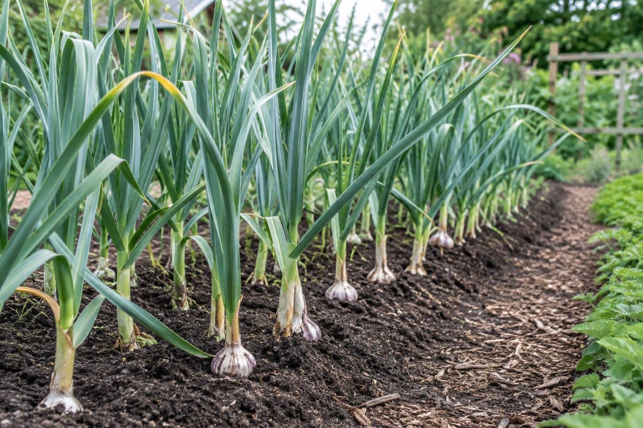 Garlic growing in a garden