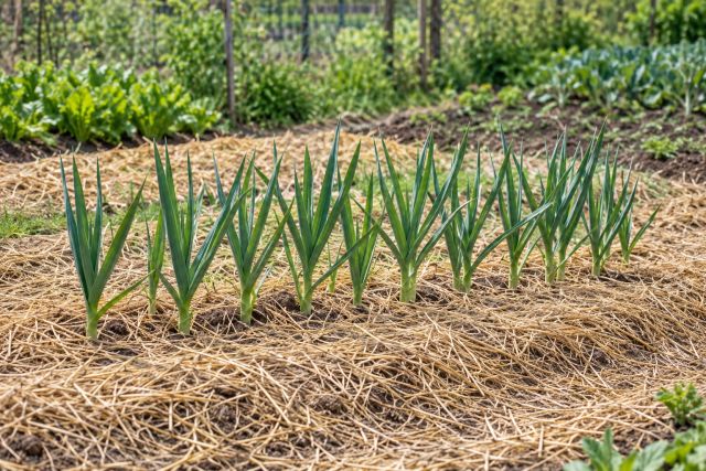 A row of garlic with flat green leaves in spring