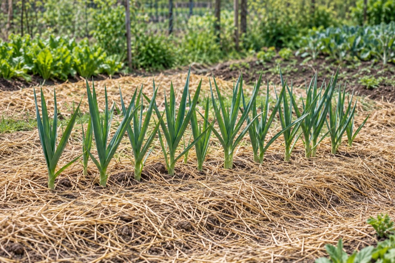 A row of garlic with flat green leaves in spring