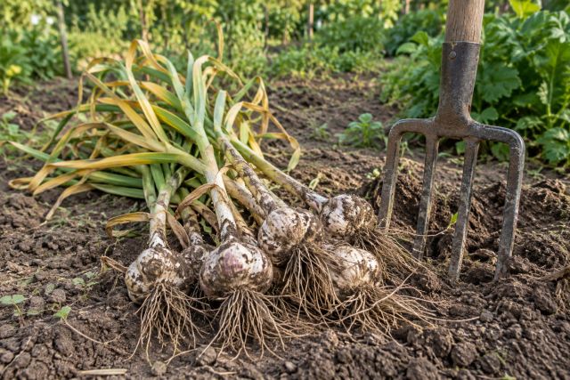 Garlic bulbs lifted with a fork, leaves yellowing