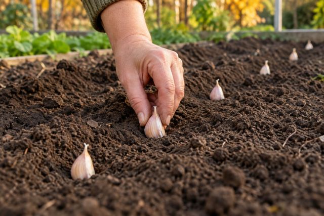 Garlic cloves pushed pointed end up into a row