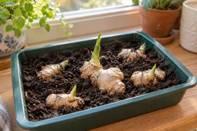 Ginger pieces sprouting in a seed tray