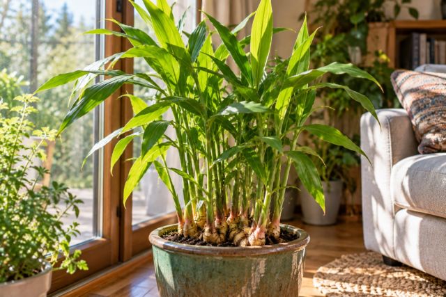 A potted ginger plant beside a bright window indoors