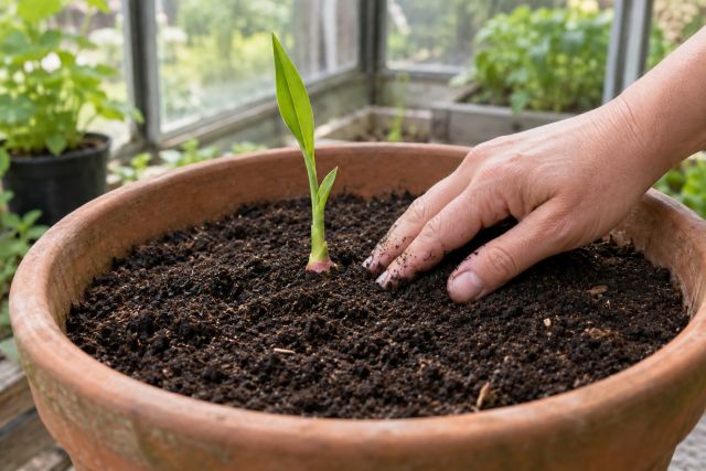 Sprouted ginger being covered with compost in a pot