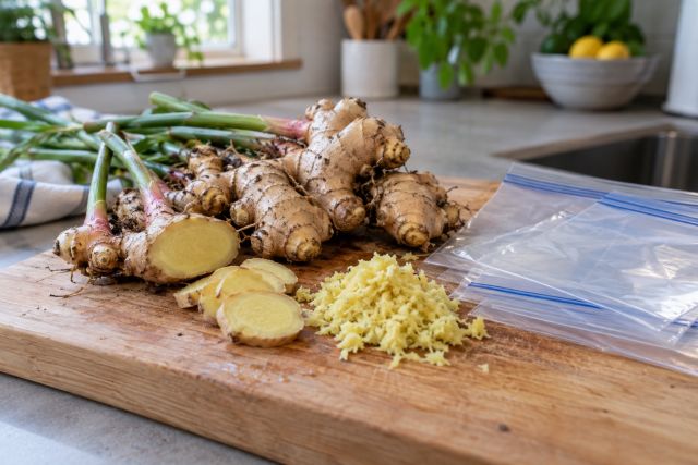 Sliced and grated homegrown ginger ready for the freezer